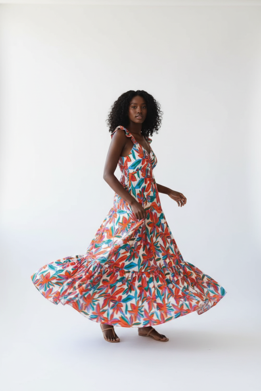 Robe Maxi Imprimé Floral Black-Coat multicolore en mouvement - capture dynamique montrant la jupe étagée et l'imprimé floral