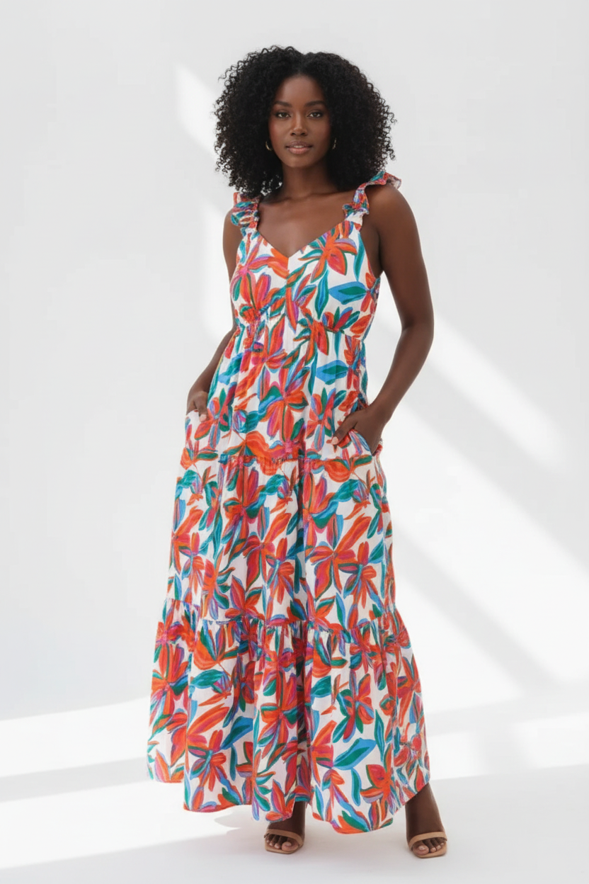 Robe Maxi Imprimé Floral Black-Coat multicolore - montrant les poches pratiques et les détails de la robe