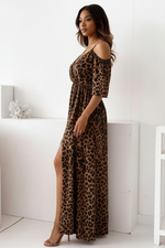 Robe Maxi Léopard Épaules Découvertes avec Fente — Sauvage & Inoubliable | Silhouette-Chic