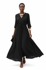 Robe Maxi Chemise Uni Col V Cordon Manches 3/4