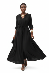 Robe Maxi Chemise Uni Col V Cordon Manches 3/4