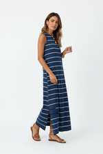 Robe Maxi Rayée Dos Ouvert - Bleu Gris avec Fentes | Silhouette-Chic