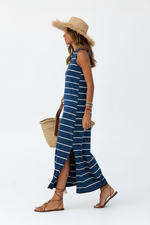 Robe Maxi Rayée Dos Ouvert - Bleu Gris avec Fentes | Silhouette-Chic