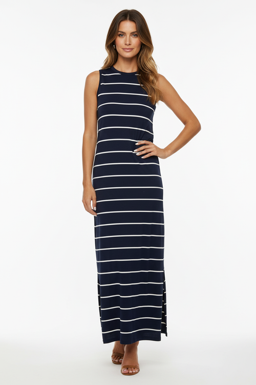 Robe Maxi Rayée Dos Ouvert - Bleu Gris avec Fentes | Silhouette-Chic