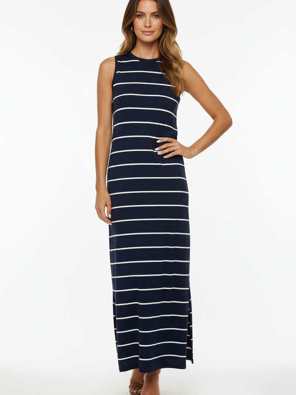 Robe Maxi Rayée Dos Ouvert - Bleu Gris avec Fentes | Silhouette-Chic