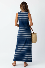 Robe Maxi Rayée Dos Ouvert - Bleu Gris avec Fentes | Silhouette-Chic