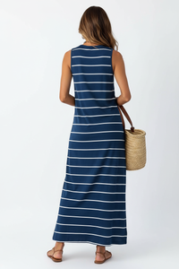 Robe Maxi Rayée Dos Ouvert - Bleu Gris avec Fentes | Silhouette-Chic