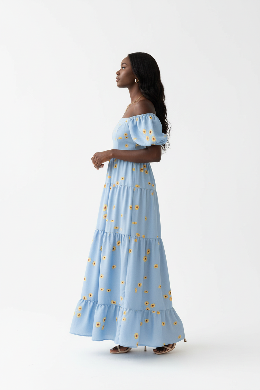  Robe Maxi Étagée à Imprimé Marguerites Black-Coat bleu clair - vue de profil dévoilant la longueur maxi et les manches bouffantes