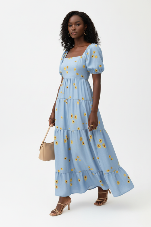 Robe Maxi Étagée Imprimé Marguerites Manches Bouffantes - La Fraîcheur Champêtre | Silhouette-Chic