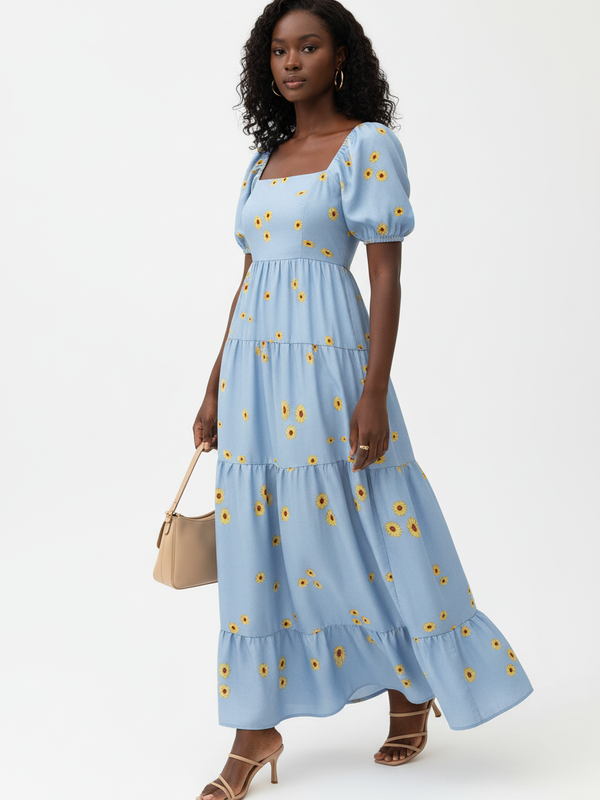 Robe Maxi Étagée Imprimé Marguerites Manches Bouffantes - La Fraîcheur Champêtre | Silhouette-Chic