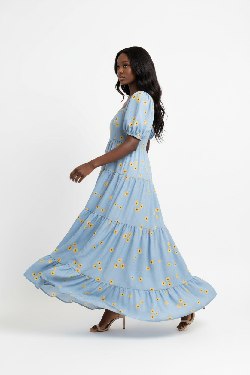 : Robe Maxi Étagée à Imprimé Marguerites Black-Coat bleu clair - vue trois-quarts en mouvement révélant les volants étagés et l'imprimé floral champêtre