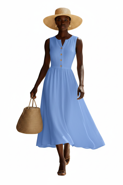 La Robe Intemporelle — Midi Sans Manches Col V Boutons Lin