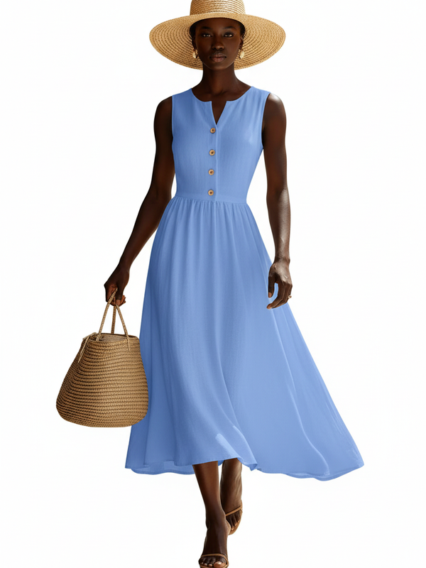 La Robe Intemporelle — Midi Sans Manches Col V Boutons Lin