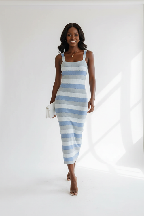 Robe Midi Ajustée Tricot Rayures Encolure Carrée - Le Chic Intemporel | Silhouette-Chic