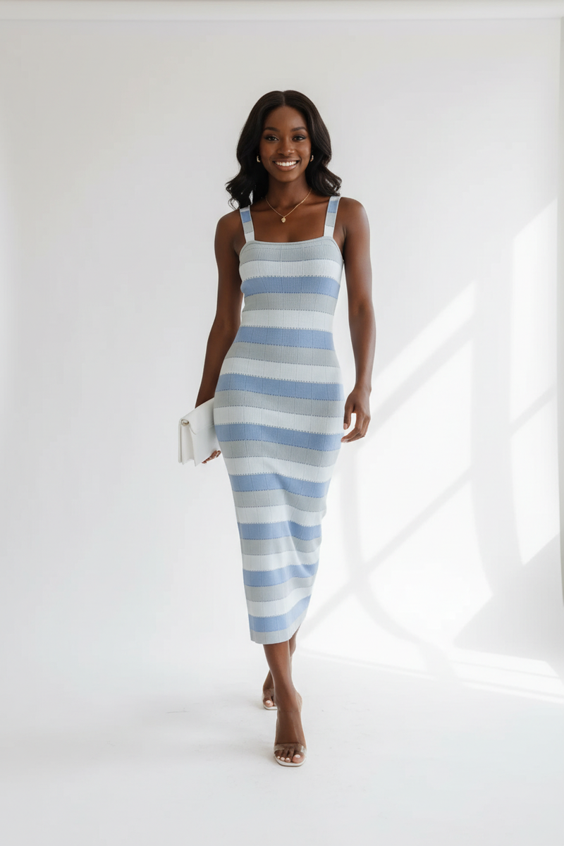 Robe Midi Ajustée Tricot Rayures Encolure Carrée - Le Chic Intemporel | Silhouette-Chic