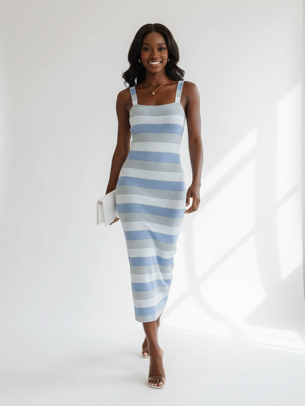 Robe Midi Ajustée Tricot Rayures Encolure Carrée - Le Chic Intemporel | Silhouette-Chic