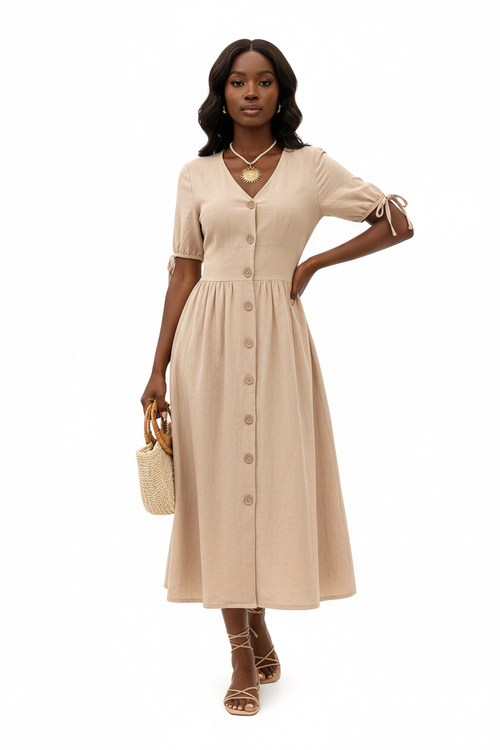 Robe Midi Boutonnée à Manches Courtes Bouffantes — Élégance Estivale