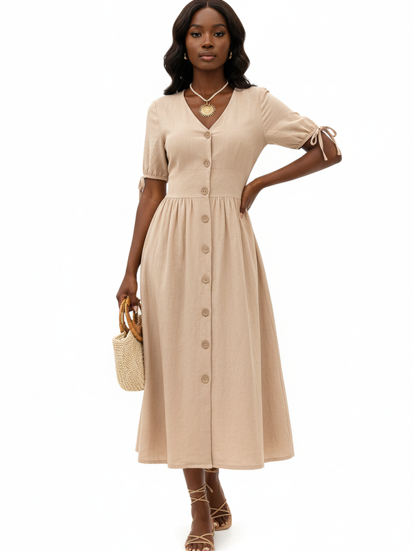 Robe Midi Boutonnée à Manches Courtes Bouffantes — Élégance Estivale