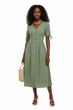 Robe Midi Boutonnée à Manches Courtes Bouffantes — Élégance Estivale