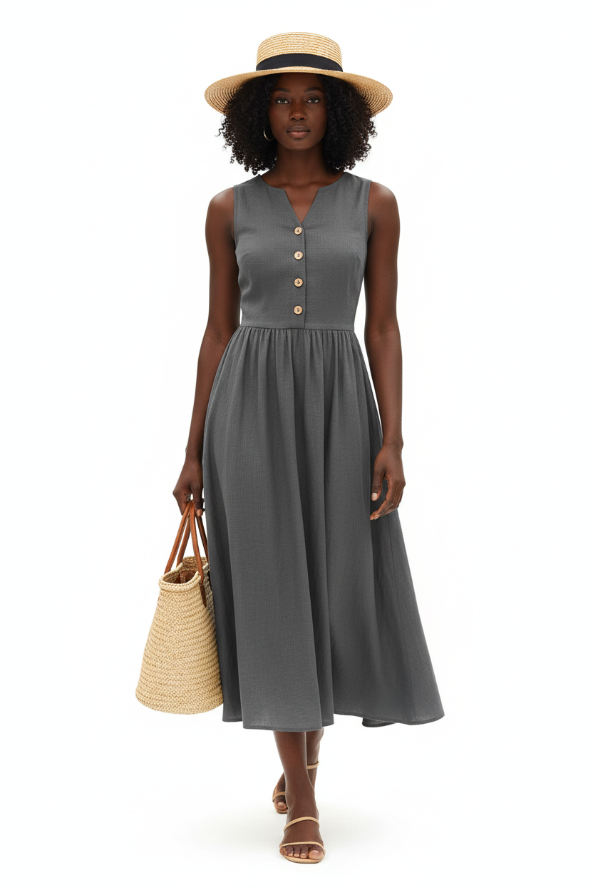 Mannequin en pied en marche portant la robe midi sans manches col V boutons gris ardoise Black-Coat, vue de face — coloris gris ardoise sophistiqué et intemporel, col V échancré élégant orné de boutons décoratifs en bois apportant une touche artisanale et féminine, sans manches offrant fraîcheur et liberté de mouvement, taille cinée froncisée valorisant la silhouette 