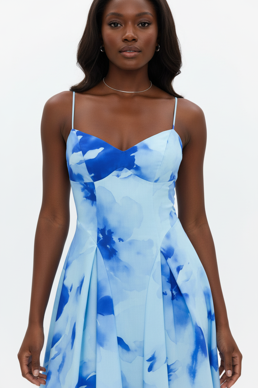 Détail du décolleté cœur et de l'imprimé aquarelle bleu de la Robe Midi Black-Coat - montrant la finition premium et le motif artistique