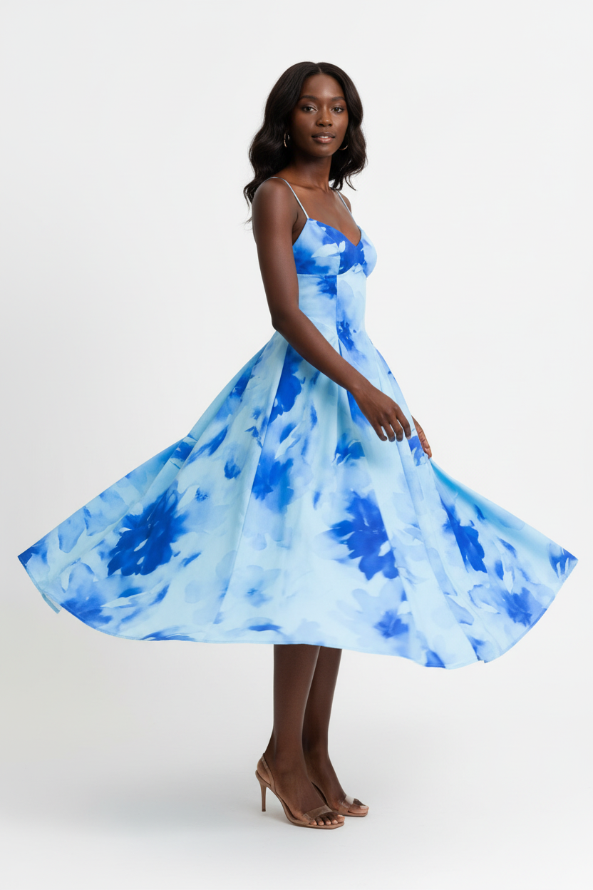 Robe Midi Imprimé Floral Aquarelle Black-Coat bleu en mouvement - capture dynamique montrant l'amplitude de la jupe et l'imprimé aquarelle