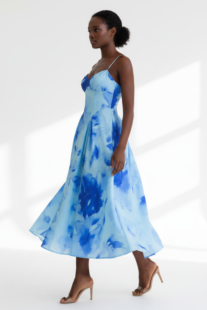  Robe Midi Imprimé Floral Aquarelle Black-Coat bleu - vue trois-quarts en mouvement révélant la silhouette évasée et l'imprimé aquarelle artistique