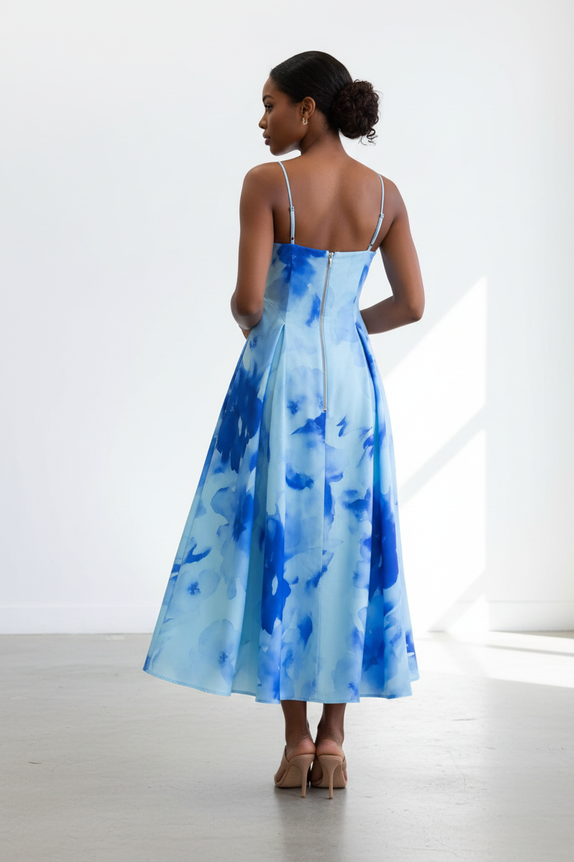  Détails dos de la Robe Midi Imprimé Floral Aquarelle Black-Coat bleu - montrant la fermeture éclair et la silhouette élégante