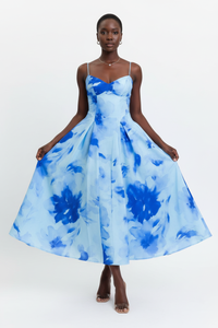 Robe Midi Imprimé Floral Aquarelle Bretelles Spaghetti - L'Art de l'Élégance | Silhouette-Chic