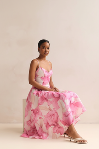 Robe Midi Imprimé Floral Aquarelle Bretelles Spaghetti - L'Art de l'Élégance | Silhouette-Chic