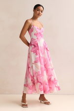 Robe Midi Imprimé Floral Aquarelle Bretelles Spaghetti - L'Art de l'Élégance | Silhouette-Chic