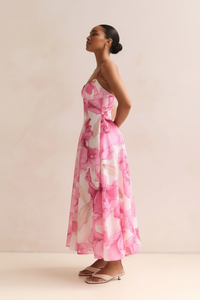 Robe Midi Imprimé Floral Aquarelle Bretelles Spaghetti - L'Art de l'Élégance | Silhouette-Chic
