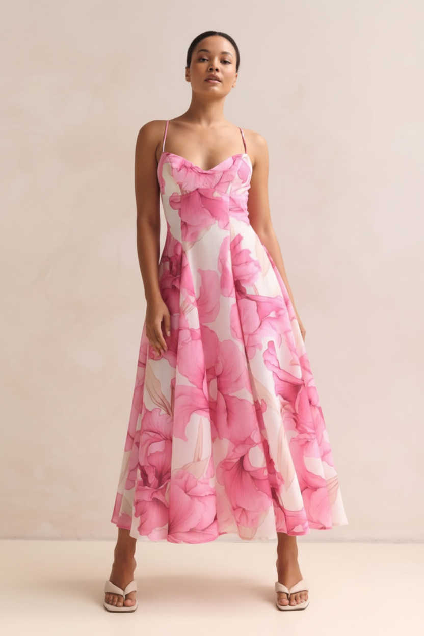  Mannequin portant la Robe Midi Imprimé Floral Aquarelle Black-Coat rose - vue de face montrant le décolleté cœur et l'imprimé aquarelle romantique