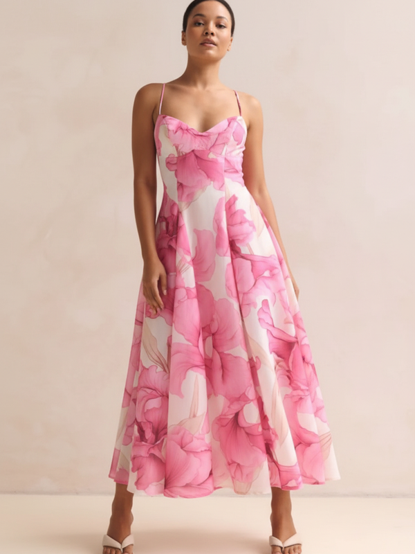 Robe Midi Imprimé Floral Aquarelle Bretelles Spaghetti - L'Art de l'Élégance | Silhouette-Chic