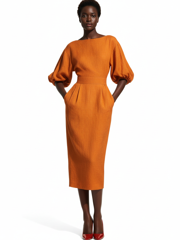Robe Midi À Col Bateau et Manches Bouffantes — Architecture & Féminité