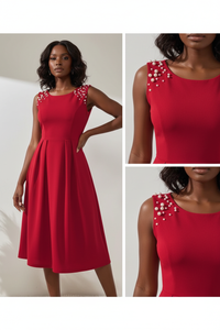 Robe Midi Sans Manches Détails Perles - L'Élégance Raffinée | Silhouette-Chic