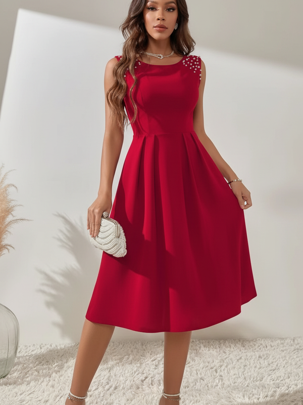 Robe Midi Sans Manches Détails Perles - L'Élégance Raffinée | Silhouette-Chic
