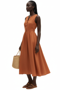 La Robe Intemporelle — Midi Sans Manches Col V Boutons Lin