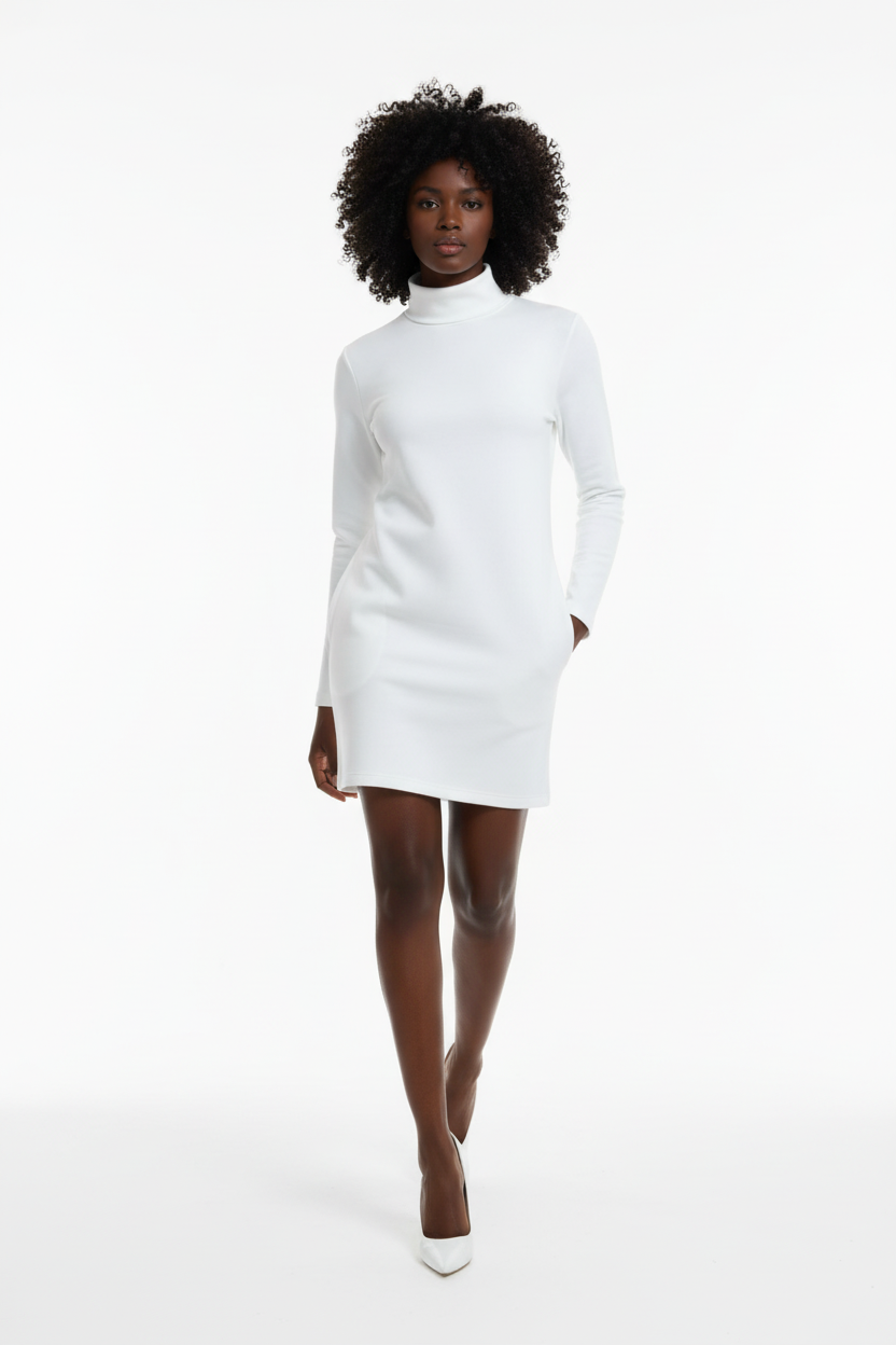  Robe Mini Col Roulé Black-Coat blanche - vue dynamique en marche illustrant le confort et l'allure confiante avec main dans la poche