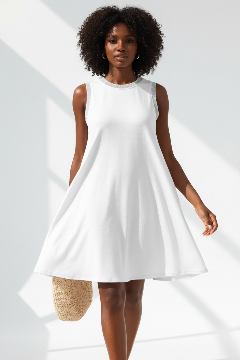  Robe Mini Fluide Sans Manches Black-Coat blanche - vue dynamique en marche illustrant le confort et l'allure décontractée chic