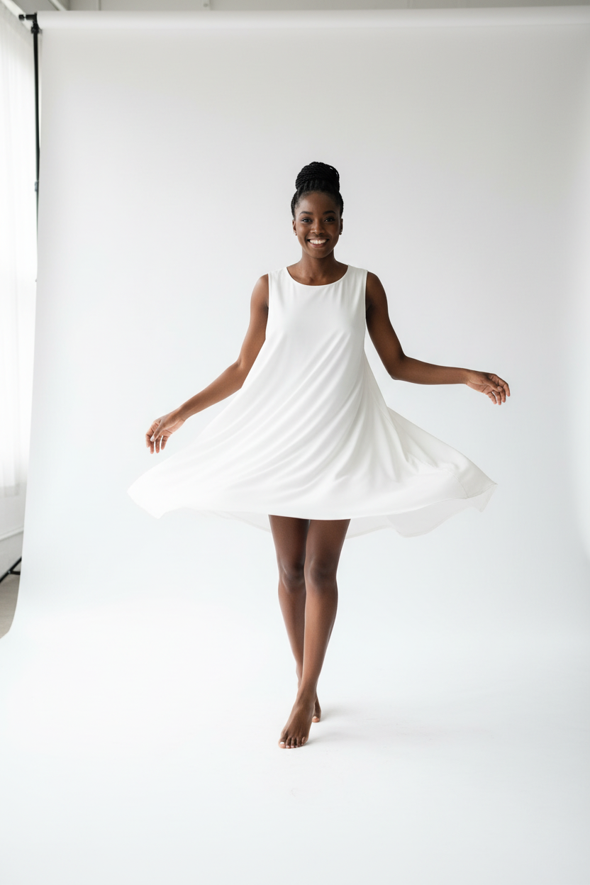 Robe Mini Fluide Sans Manches Black-Coat blanche en mouvement - capture dynamique montrant la fluidité du tissu et l'amplitude de la robe