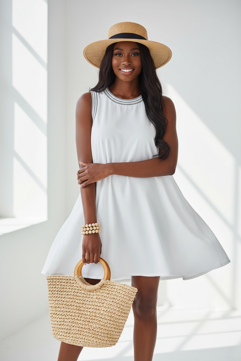 Mannequin portant la Robe Mini Fluide Sans Manches Black-Coat blanche - vue de face montrant l'encolure avec bordure rayée et la coupe fluide décontractée