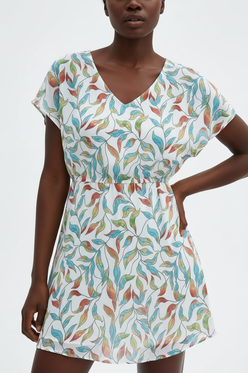  Détail du décolleté en V et de l'imprimé feuilles de la Robe Mini Black-Coat - montrant la finition premium et le motif botanique