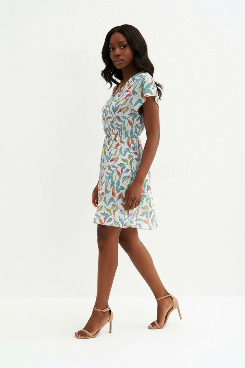  Robe Mini Imprimée Black-Coat imprimé feuilles - vue trois-quarts en mouvement révélant la silhouette fluide et l'imprimé botanique