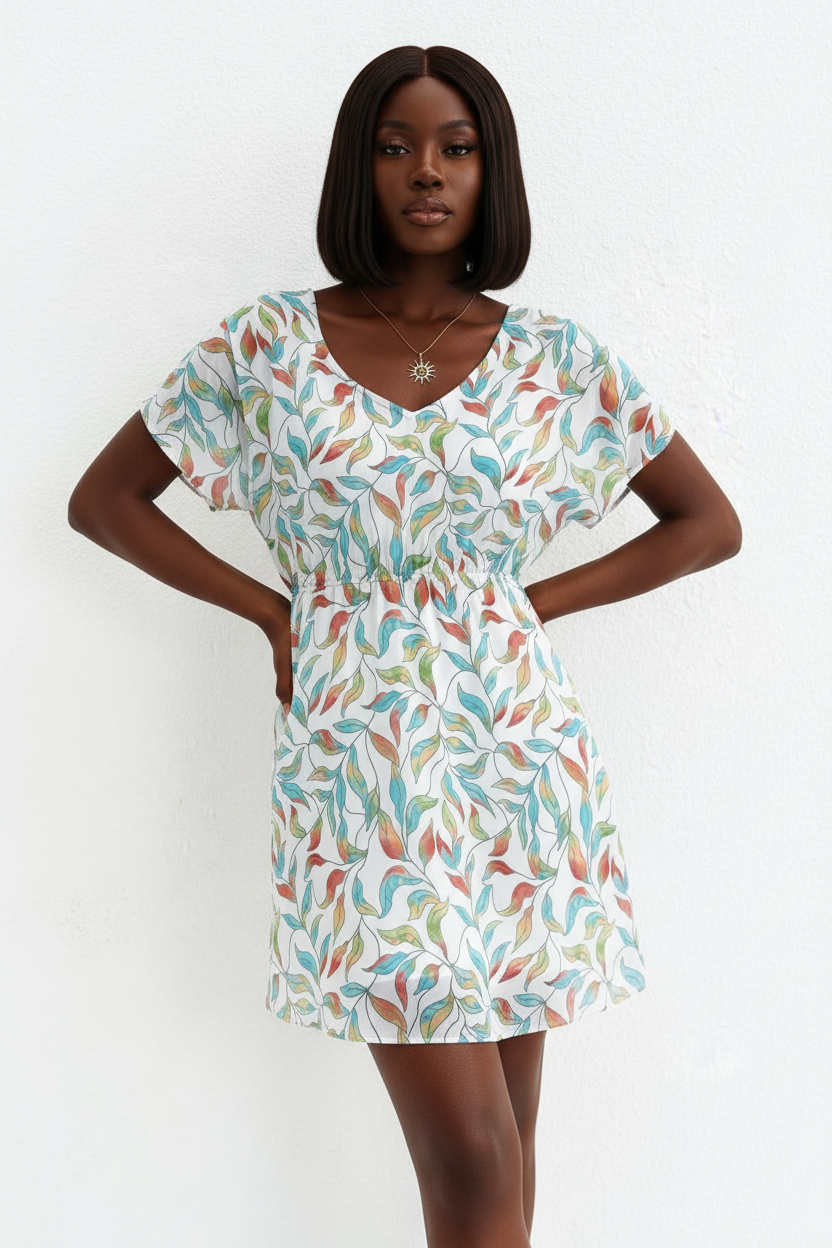  Mannequin portant la Robe Mini Imprimée Black-Coat blanche avec imprimé feuilles multicolores - vue de face montrant le décolleté en V et la taille froncée