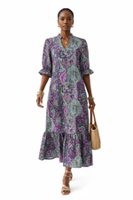 Robe Midi Bohème Imprimé Paisley Volanté Manches Bouffantes