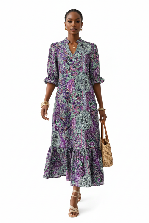 Robe Midi Bohème Imprimé Paisley Volanté Manches Bouffantes