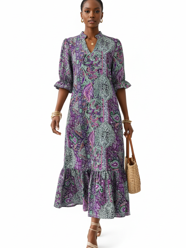 Robe Midi Bohème Imprimé Paisley Volanté Manches Bouffantes
