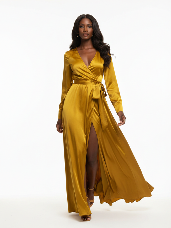Robe Portefeuille Maxi Satin – Col en V & Fente Latérale