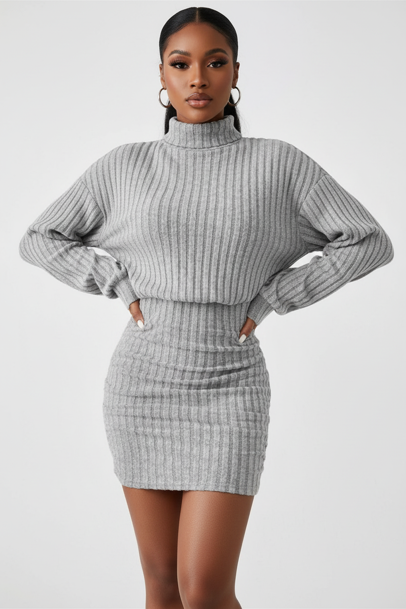  Robe pull mini moulante col roulé côtelée Black-Coat - détail de la texture côtelée verticale sculptante